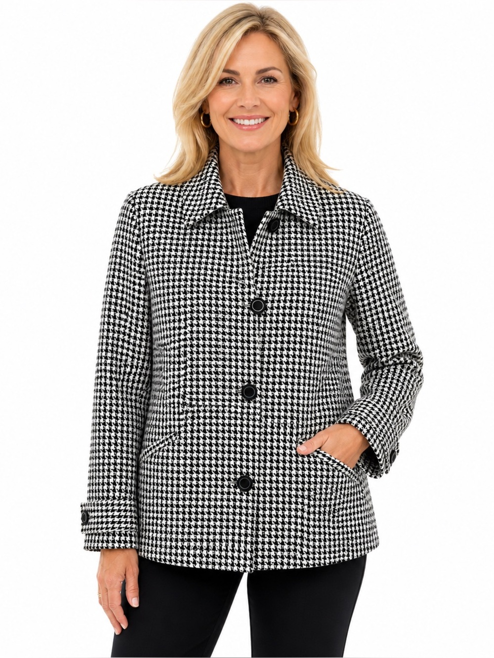 Chico’s Black & White Houndstooth Jacket Button Front Tailored Blazer NWT